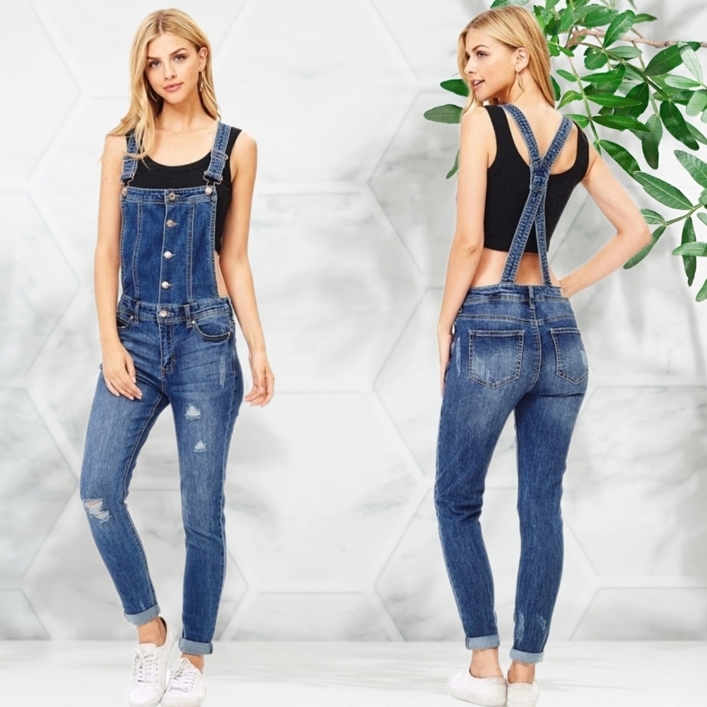 Celebrity Pink Overalls Blue Denim Distressed Button Front Distressed